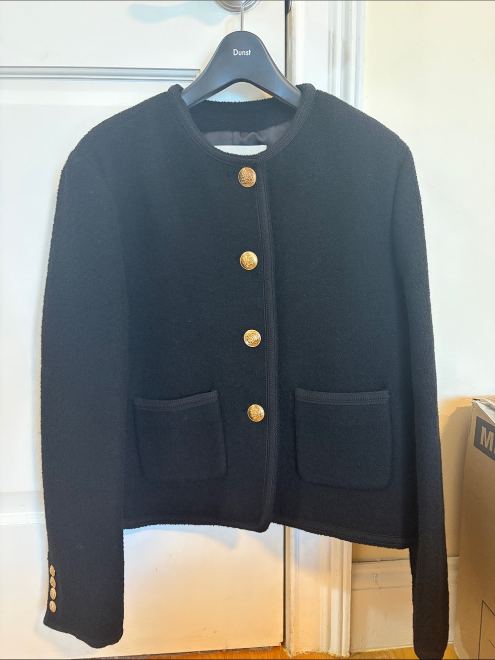 Dunst Black Round-Neck Tweed Blazer with Gold Buttons